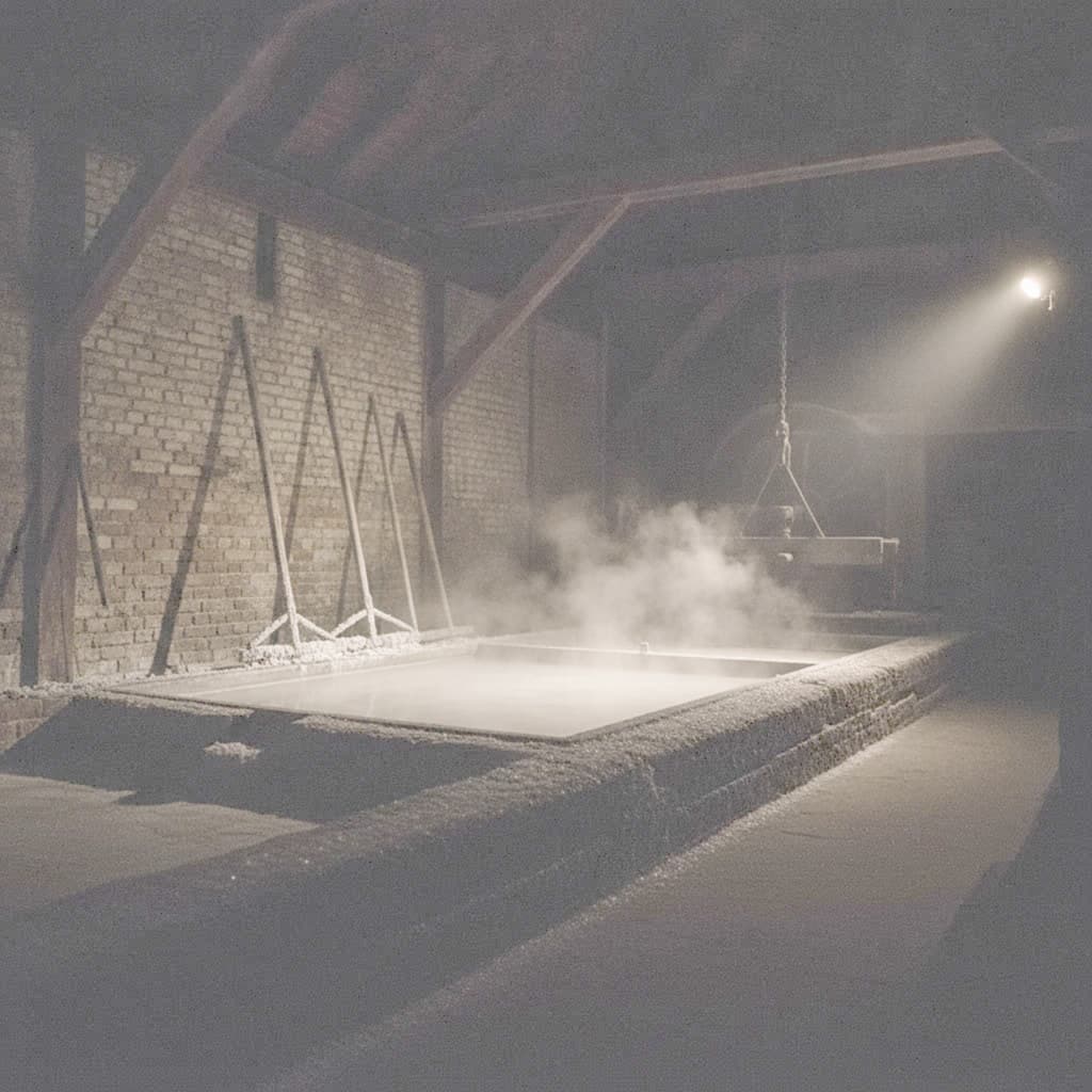 Siedepfanne einer traditionellen Pfannensaline, Sole dampft über der Salzkruste