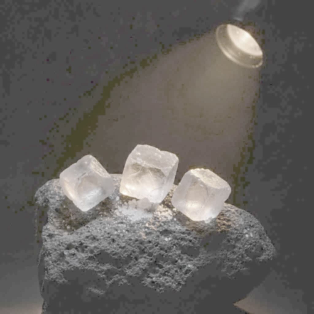 Grobe Salzkristalle auf hellgrauem Gestein, von einem Lichtstrahl durchleuchtet