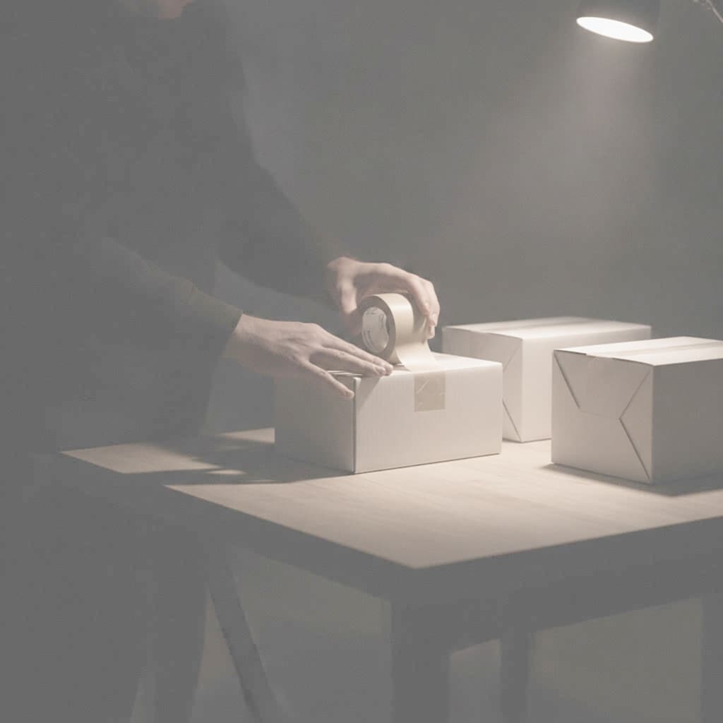 Versandtisch mit weißen Faltschachteln beim Verpacken
